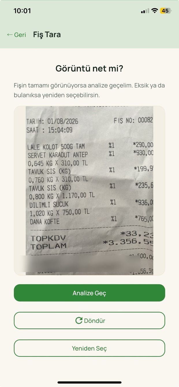 Refoodio fiş tarama ekranı: taranan market fişinin önizlemesi
