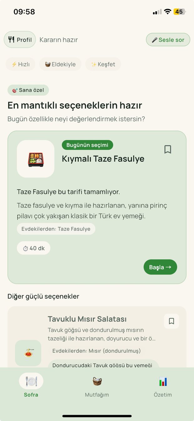 Refoodio Sofra ekranı: günün önerisi olarak Kıymalı Taze Fasulye kartı